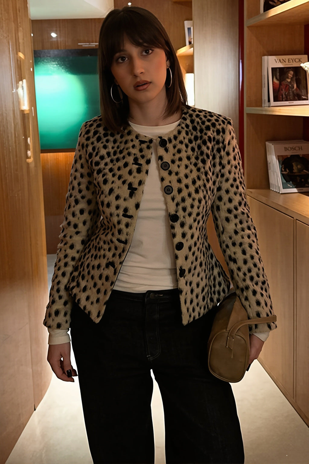 Leopard Print Round Neck Button Jacket