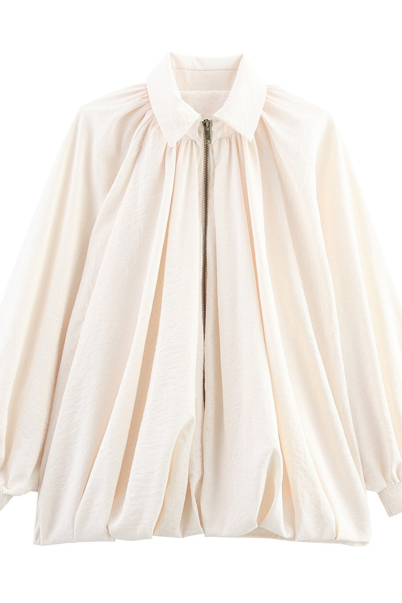 Pleated Batwing Zip Front Oversized Jacket