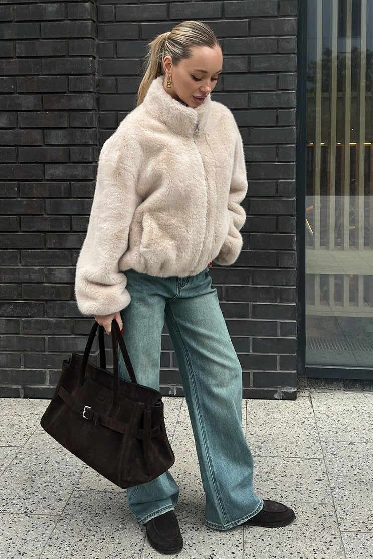 Plush Stand Collar Zip Jacket