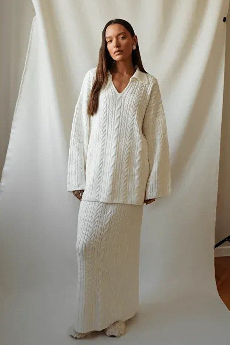 Cable Polo Knit Top Maxi Skirt Set