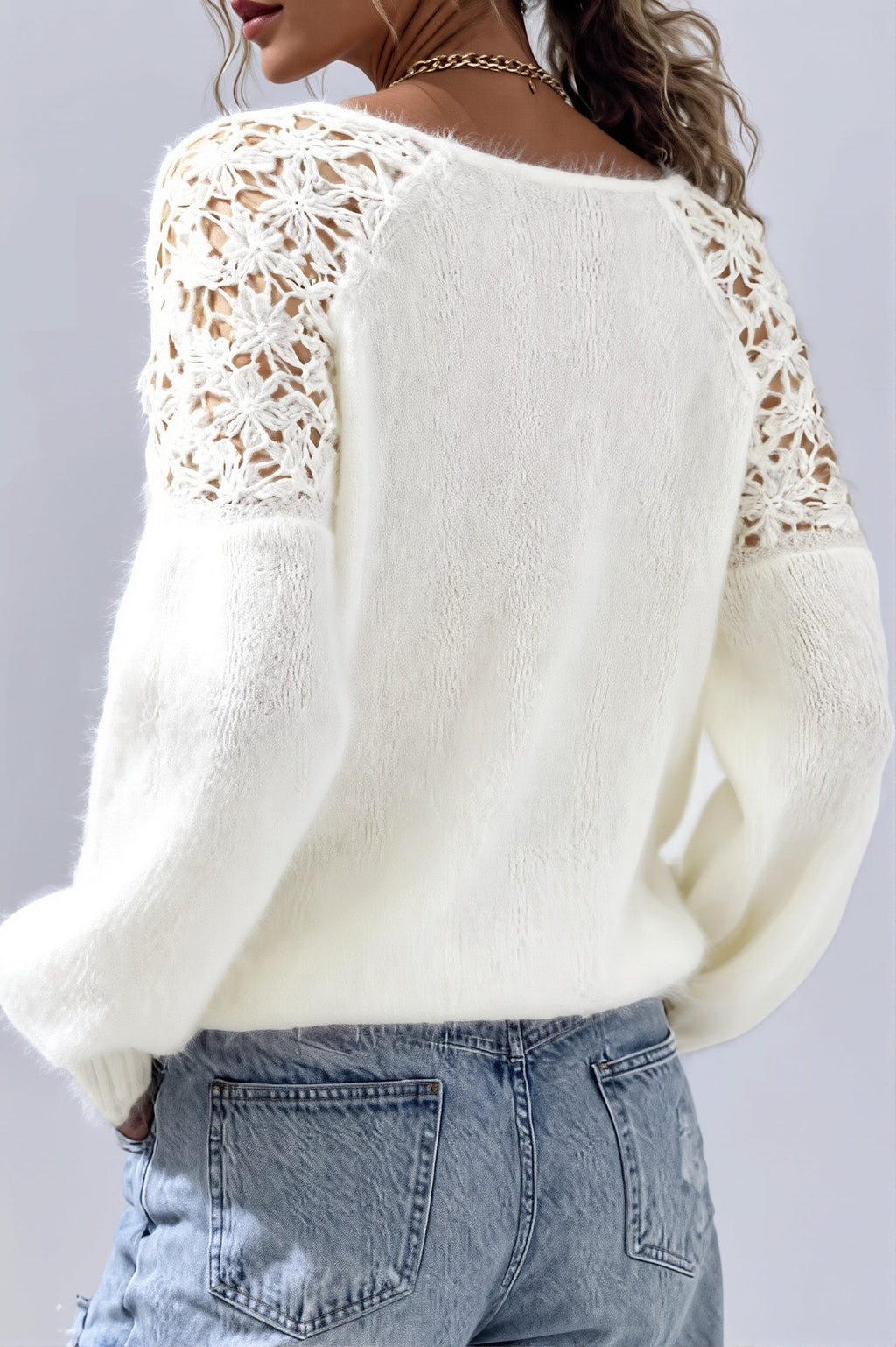 Lace Shoulder Fuzzy Relaxed Sweater