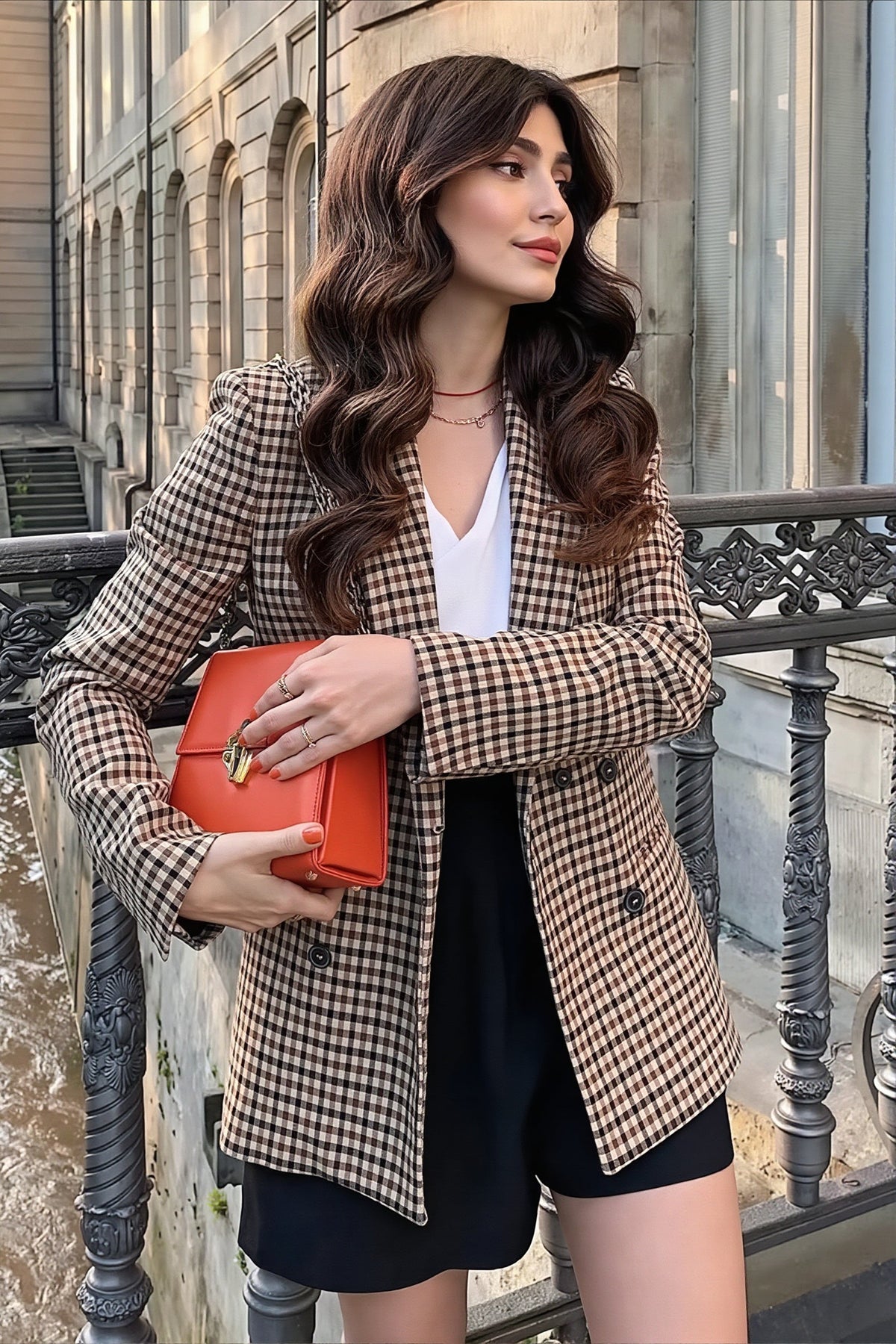 Checked Double Breasted Longline Blazer
