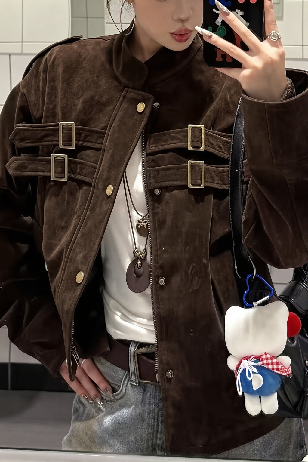 Buckle Pocket Stand Collar Suede Jacket