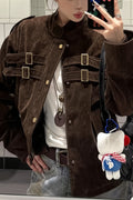 Buckle Pocket Stand Collar Suede Jacket