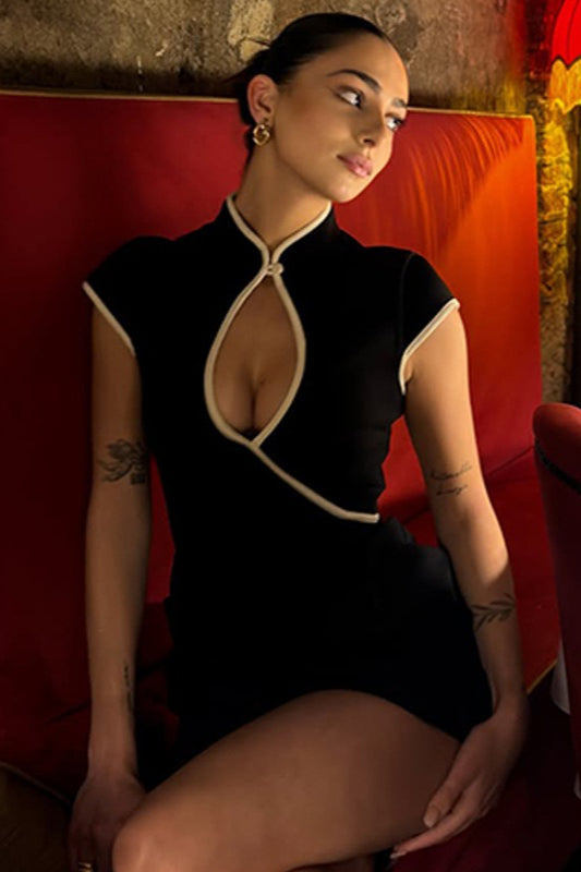 Sleeveless Fitted Cutout Contrast Trim Mini Dress