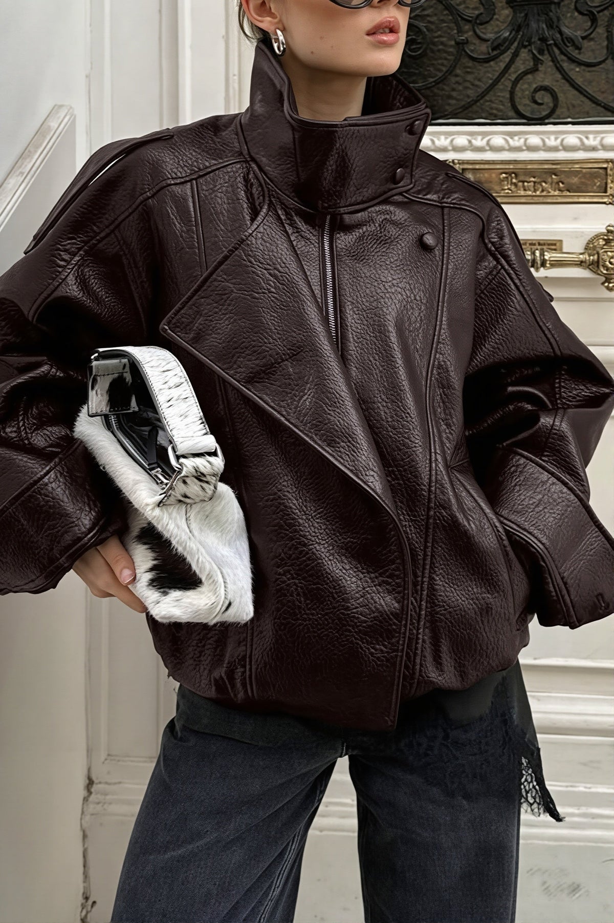 High Collar Epaulet Faux Leather Jacket