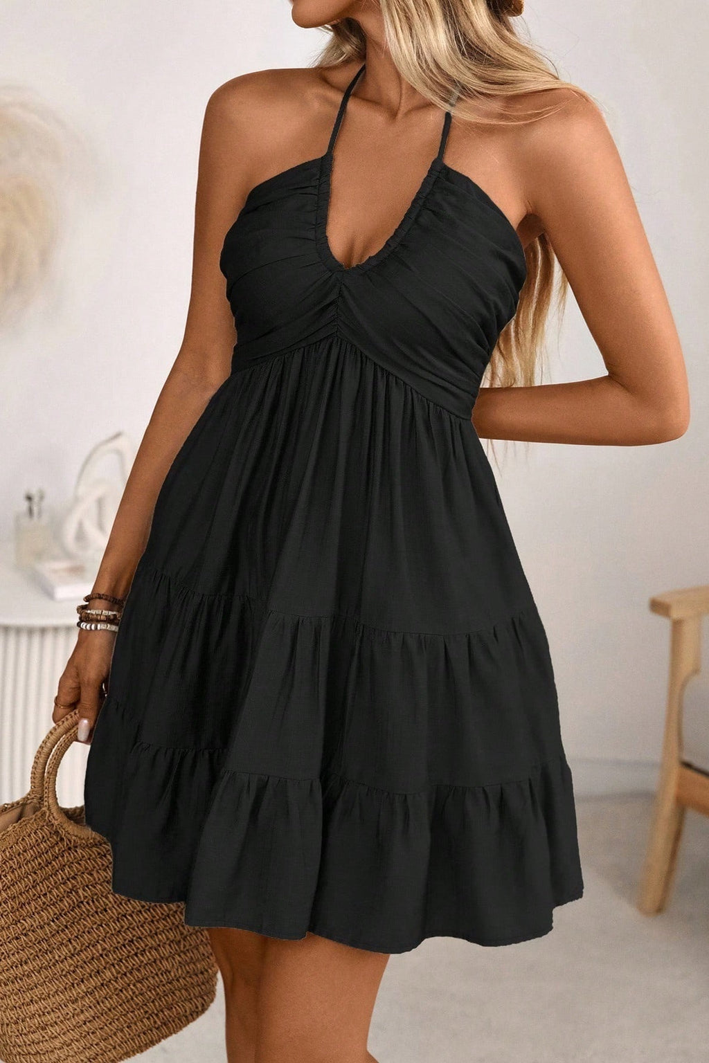 Plunging Halter Ruffle Tiered Mini Dress