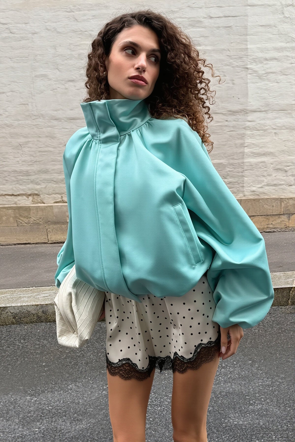 Satin Funnel Neck Balloon Sleeve Jacket