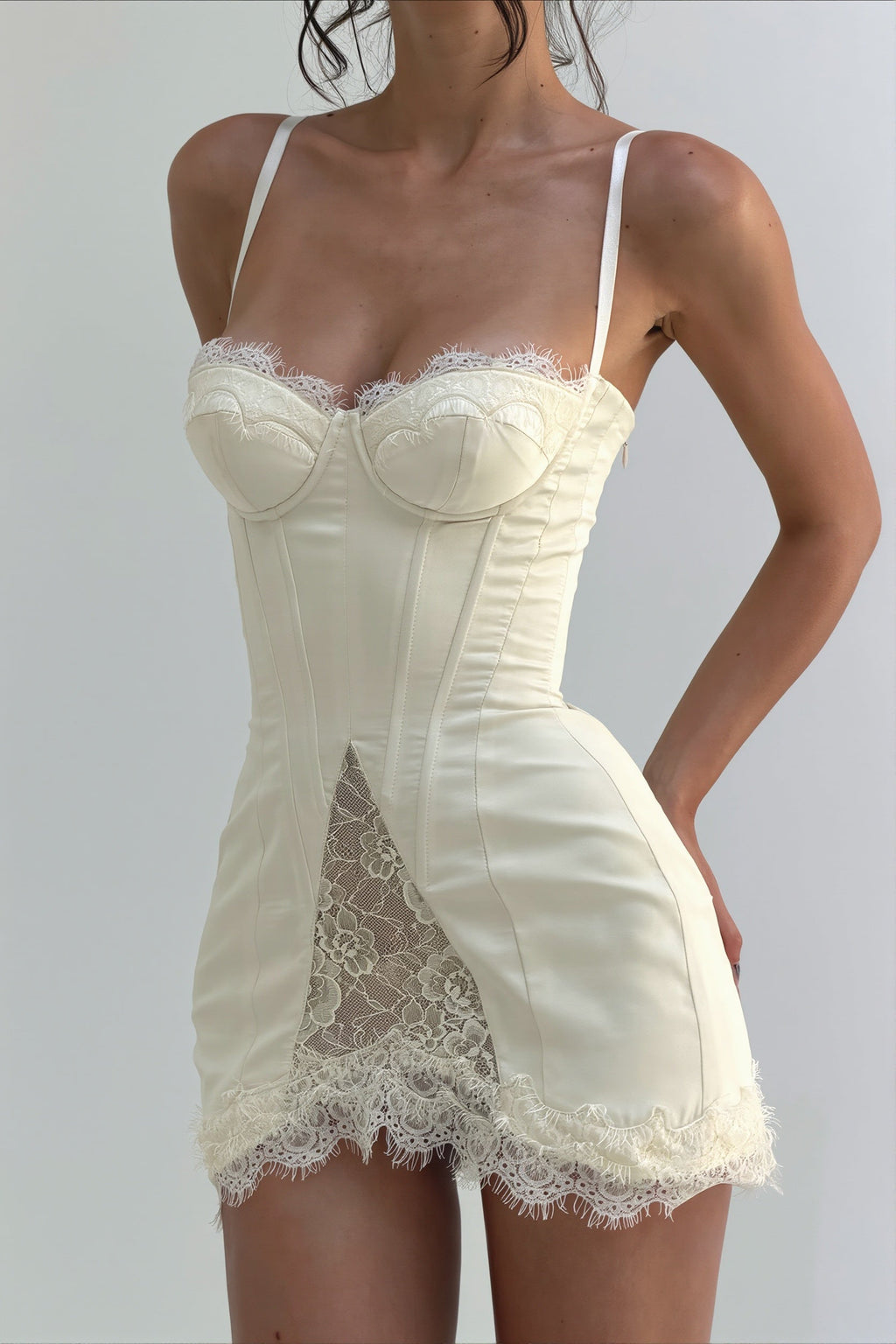 Sheer Sexy Lace Hollow Satin Mini Dress