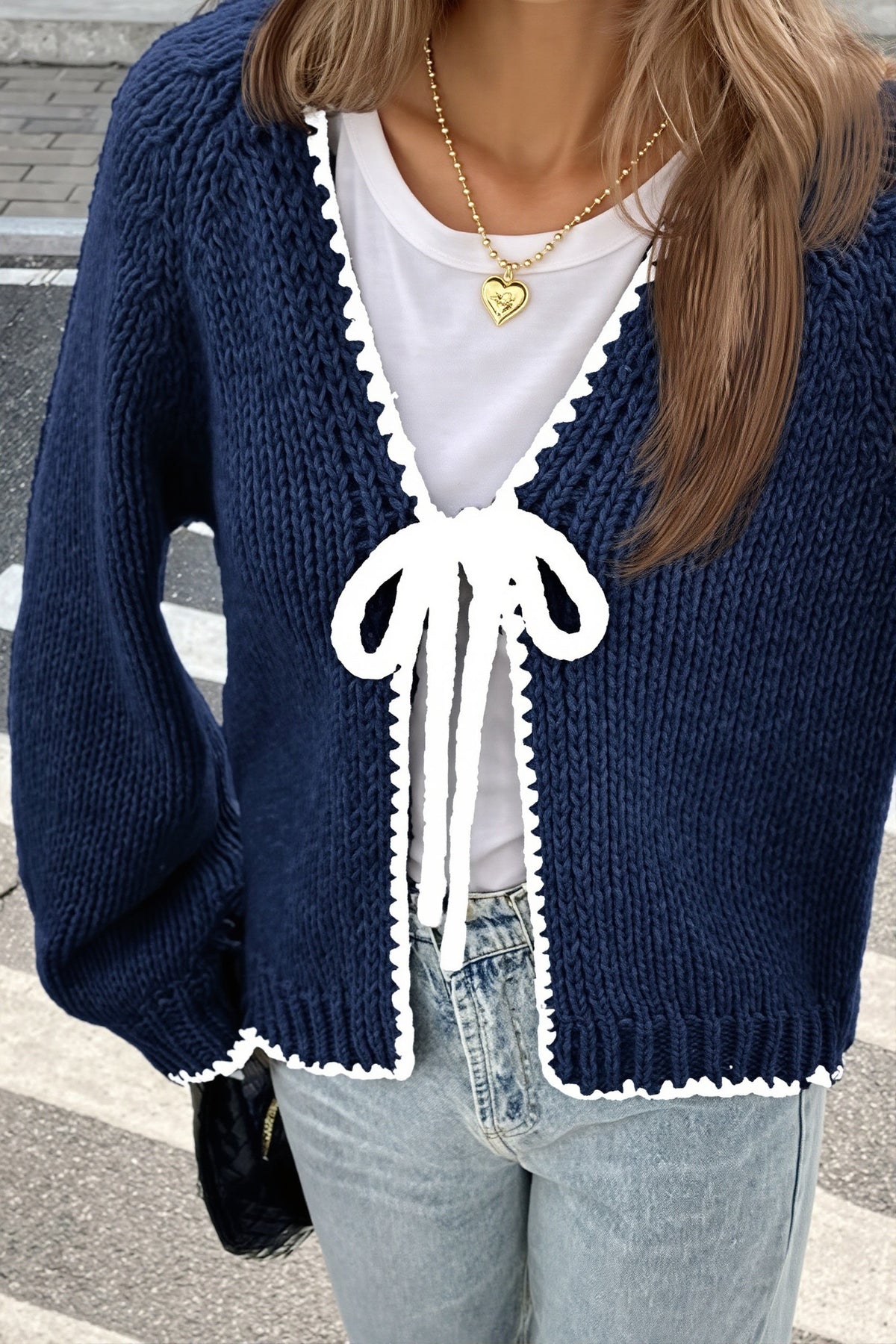 Contrast Edge V Neck Tie Front Cardigan
