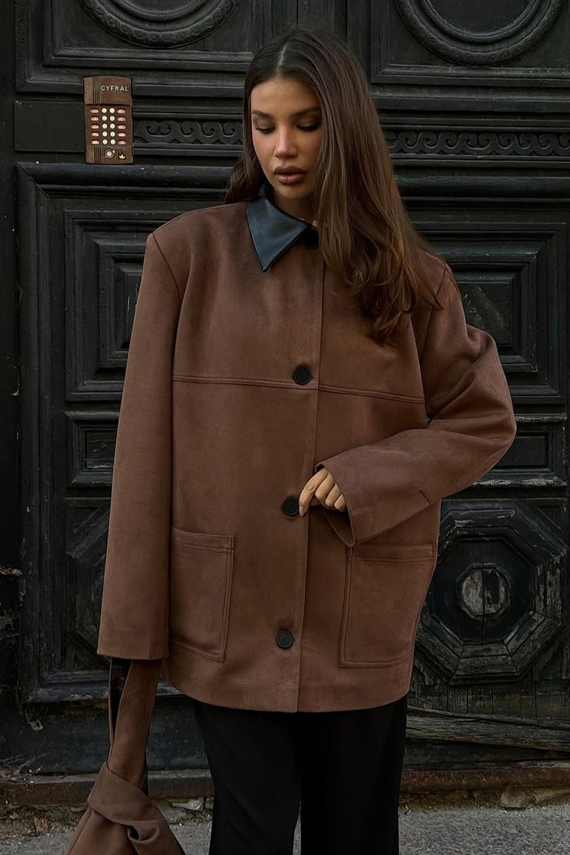 Contrast Collar Oversized Faux Suede Jacket