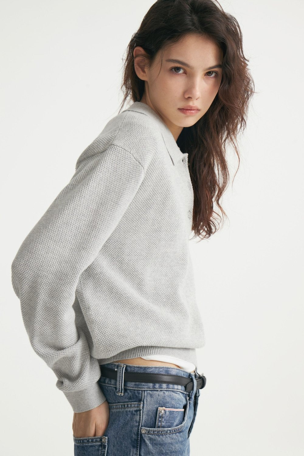 Polo Collar Button Placket Knit Sweater