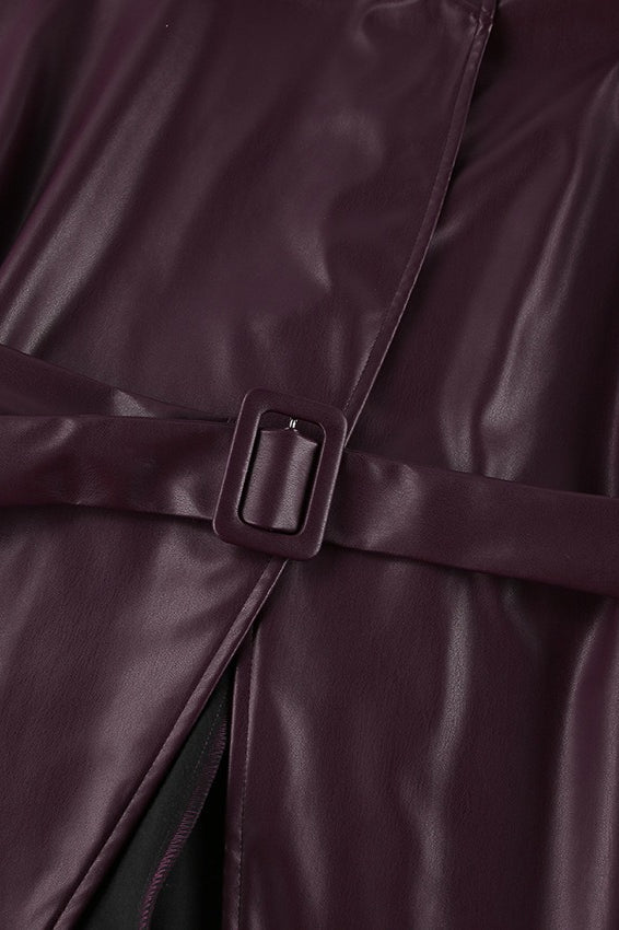 Belted Stand Collar Faux Leather Jacket