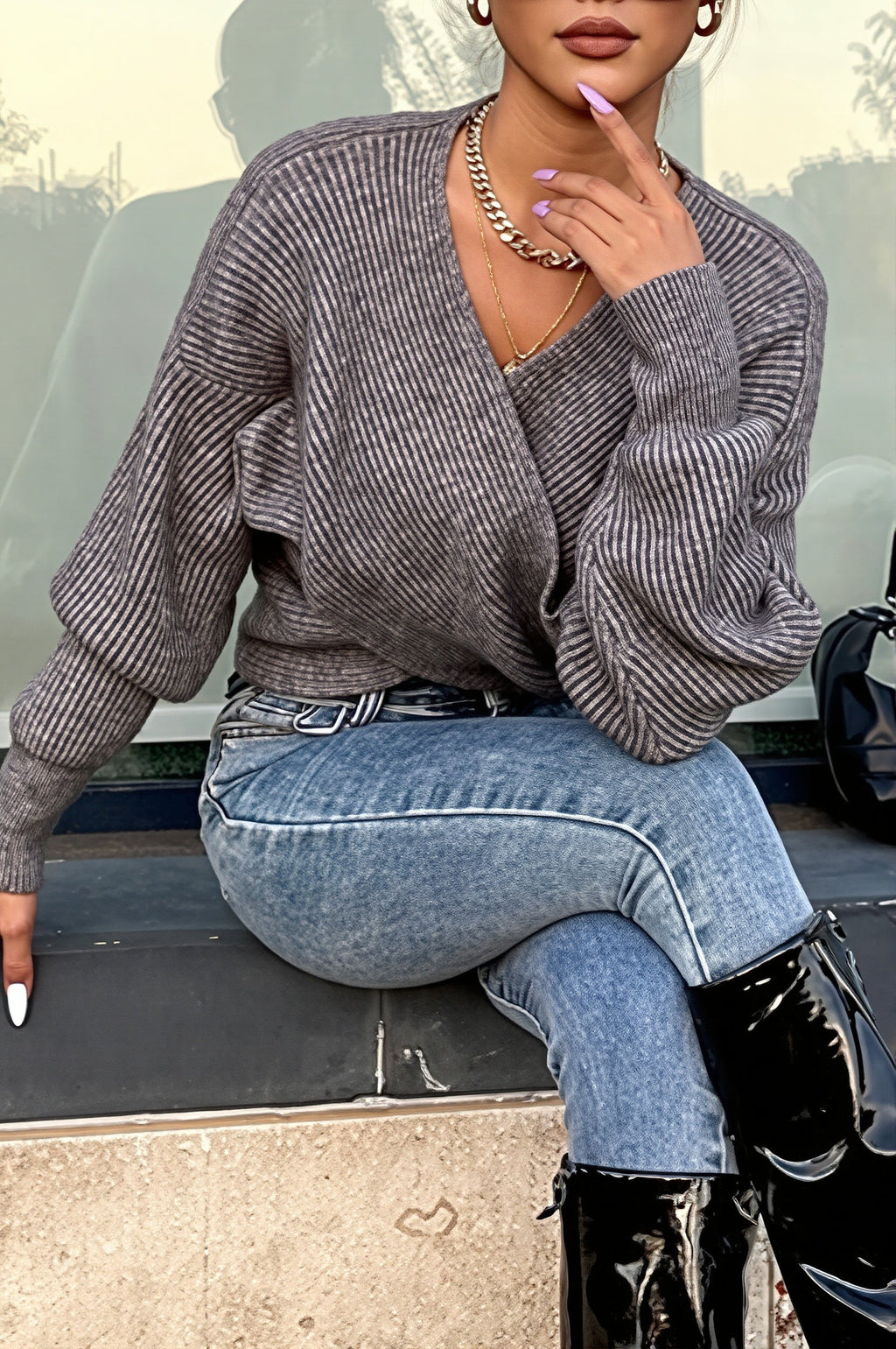 Wrap Front V Neck Relaxed Sweater