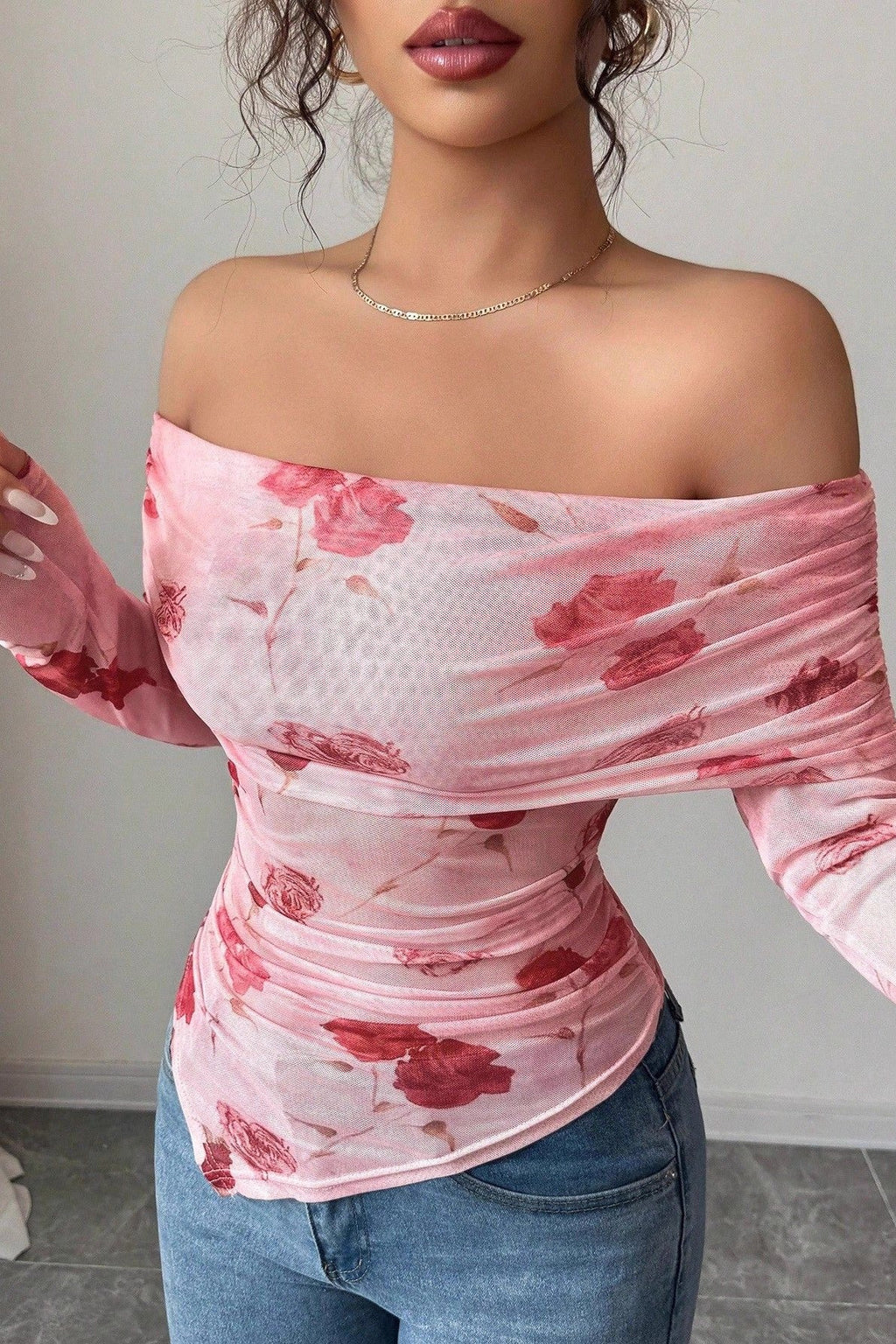 Floral Print Off Shoulder Ruched Top