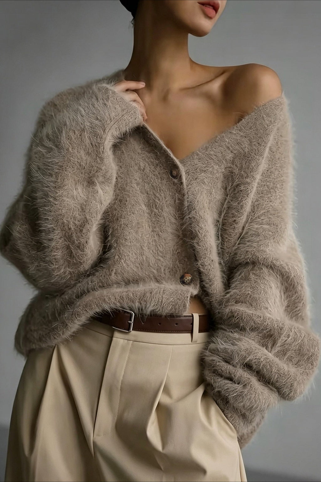 Fuzzy V Neck Balloon Sleeve Cardigans