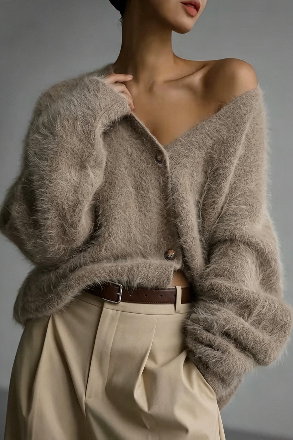 Fuzzy V Neck Balloon Sleeve Cardigans