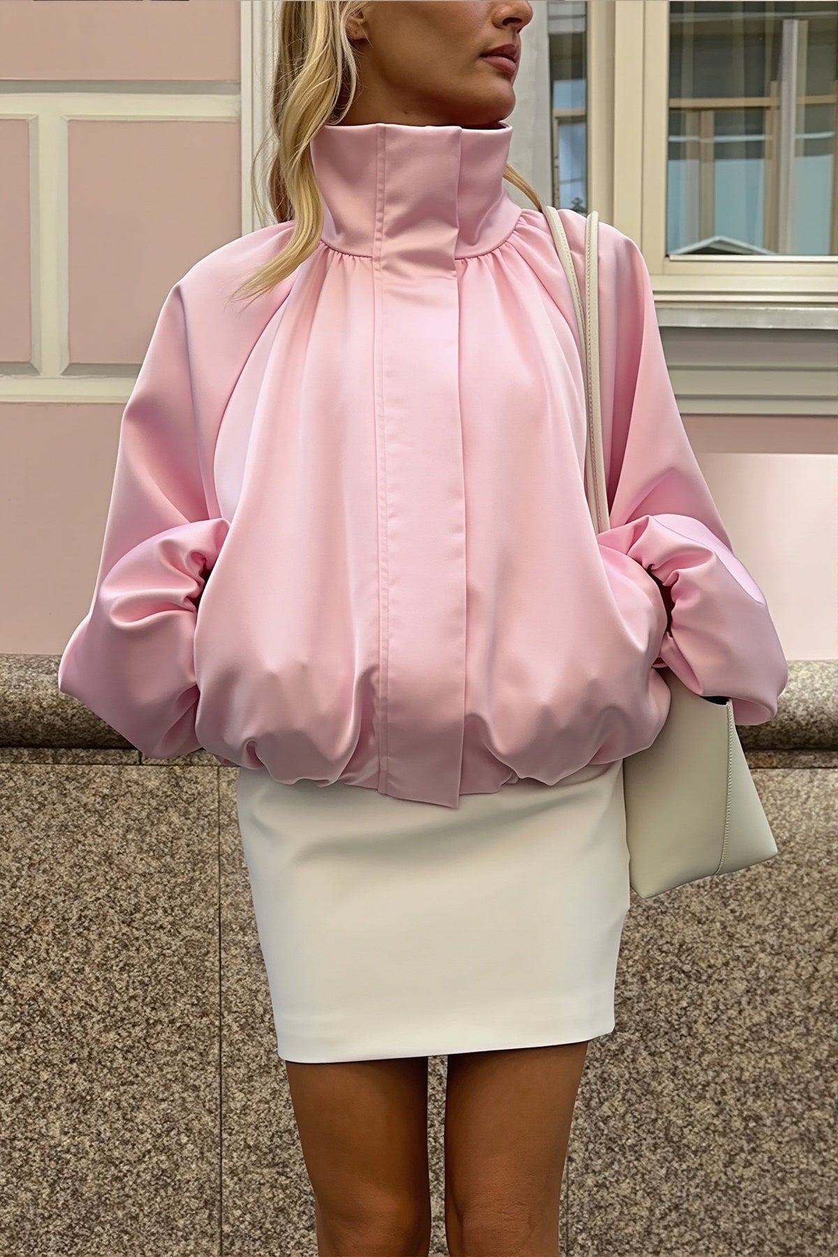 Satin Funnel Neck Balloon Sleeve Jacket