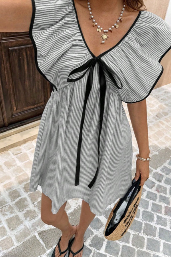 Striped V Neck Ruffle Flutter Sleeve Mini Dress