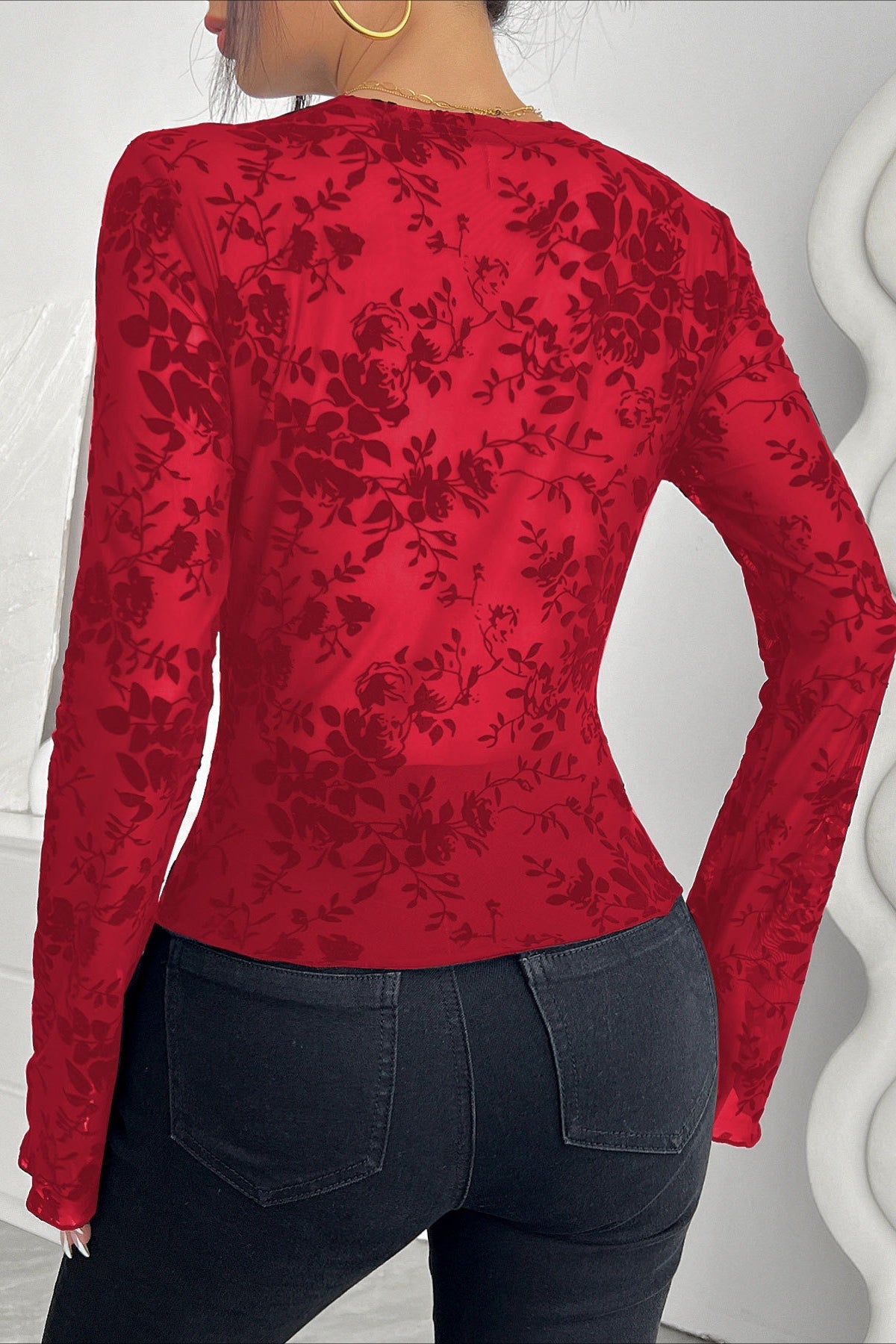 Deep V Floral Lace Bell Sleeve Top