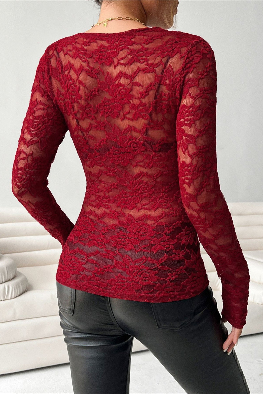 Scalloped V Neck Floral Lace Blouse