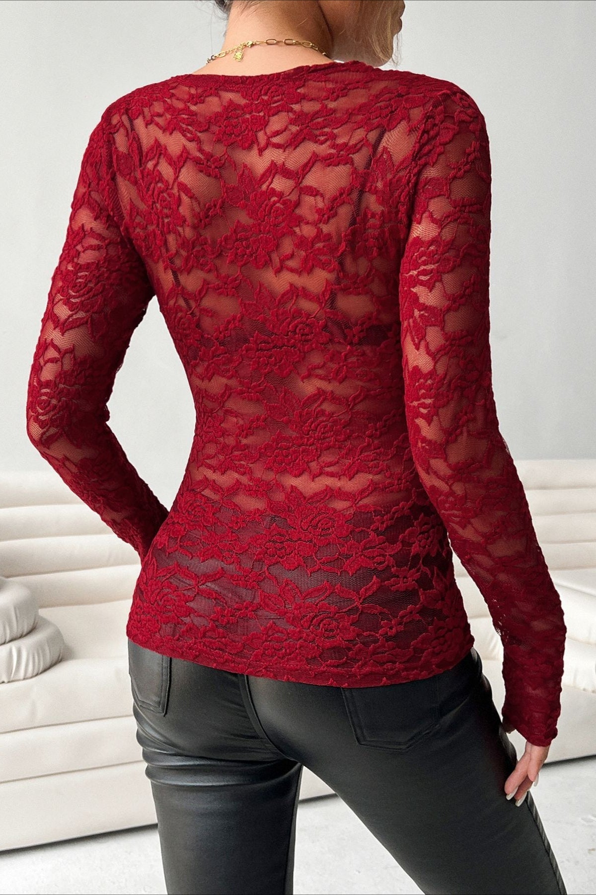 Scalloped V Neck Floral Lace Blouse