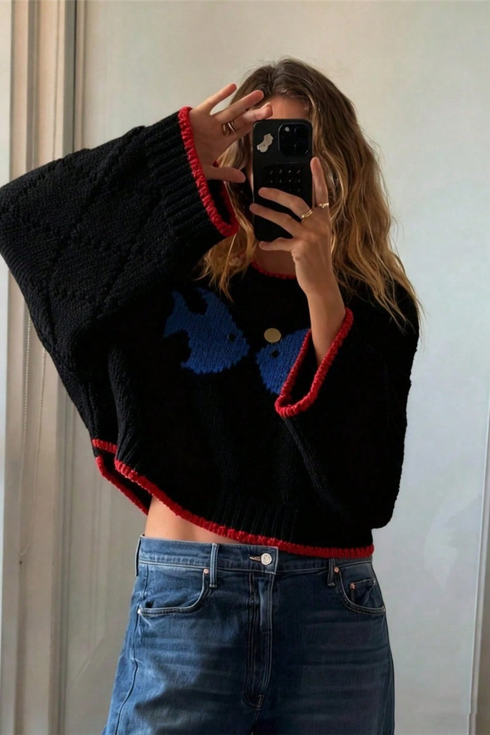 Puppy Graphic Contrast Trim Knit Sweater
