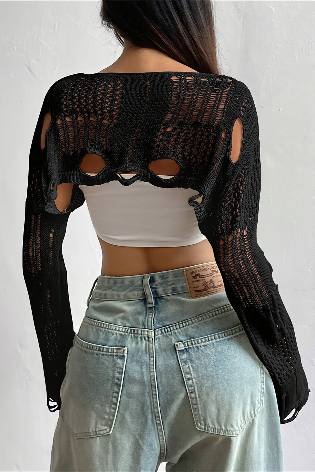Distressed Open Knit Cropped Sweater