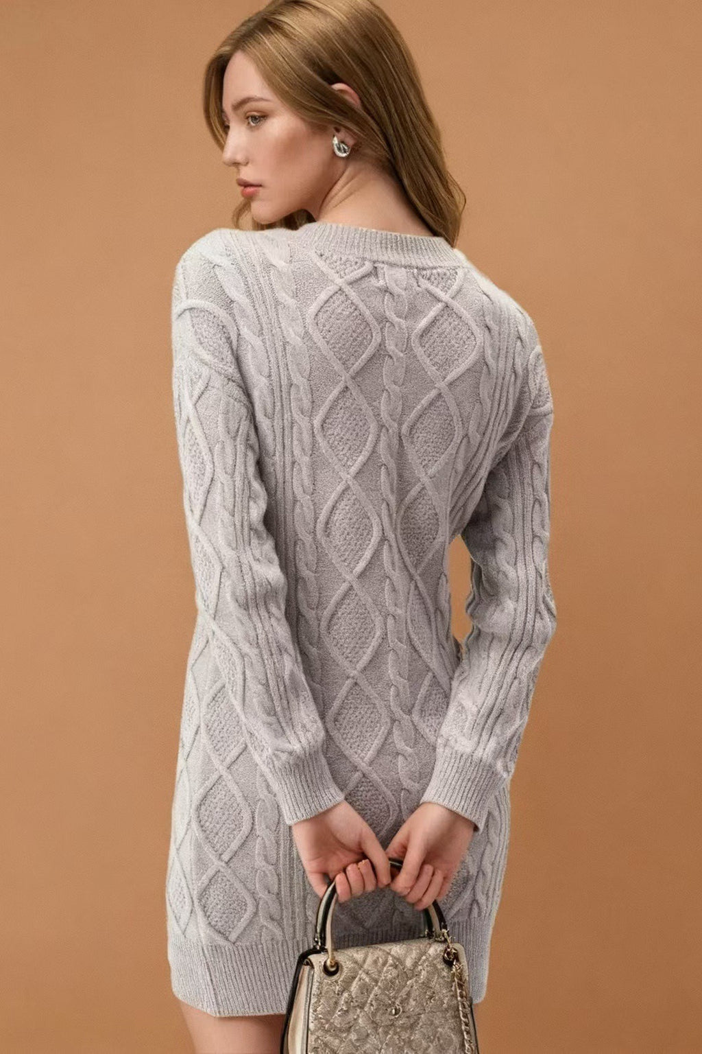V-Neck Solid Cable-Knit Sweater Mini Dress