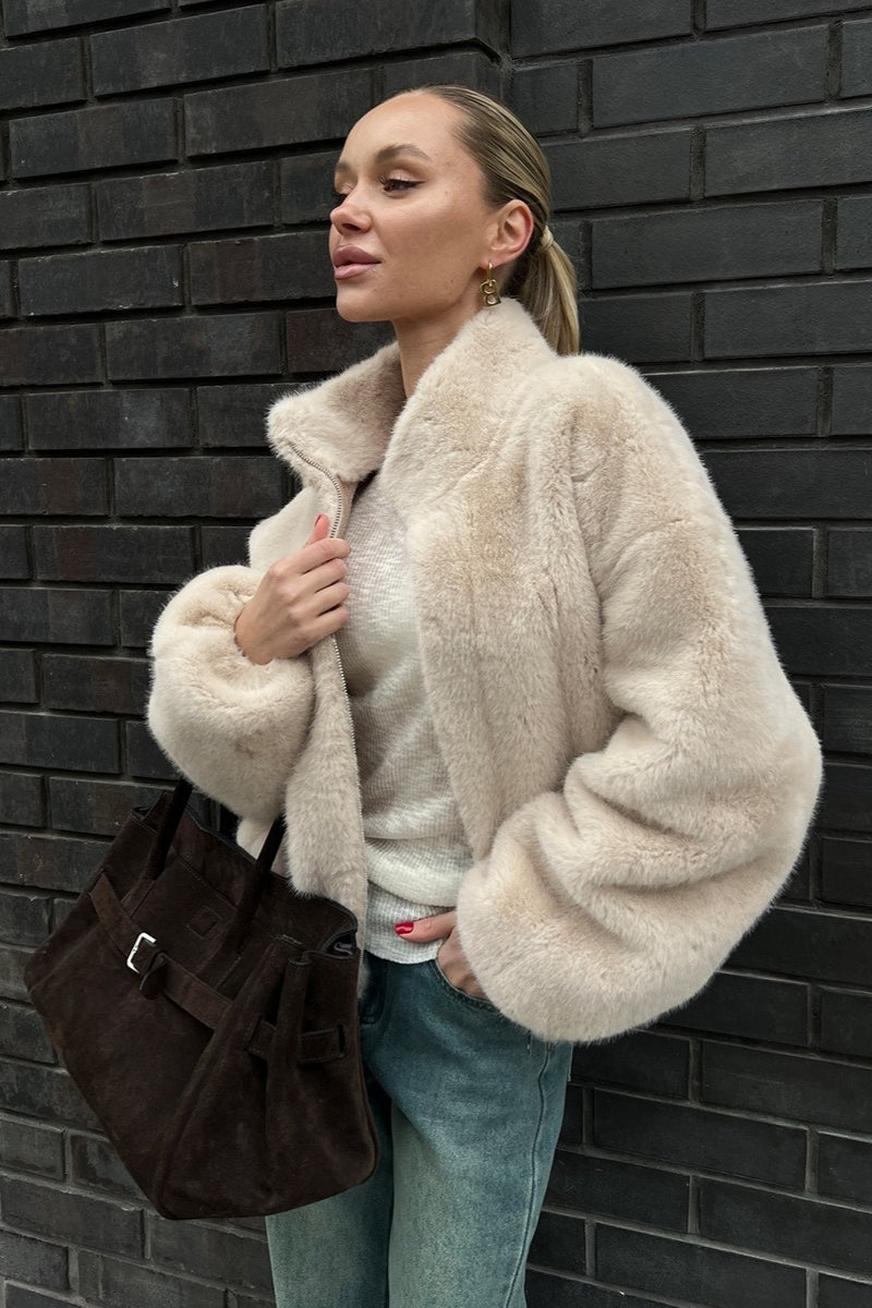 Plush Stand Collar Zip Jacket