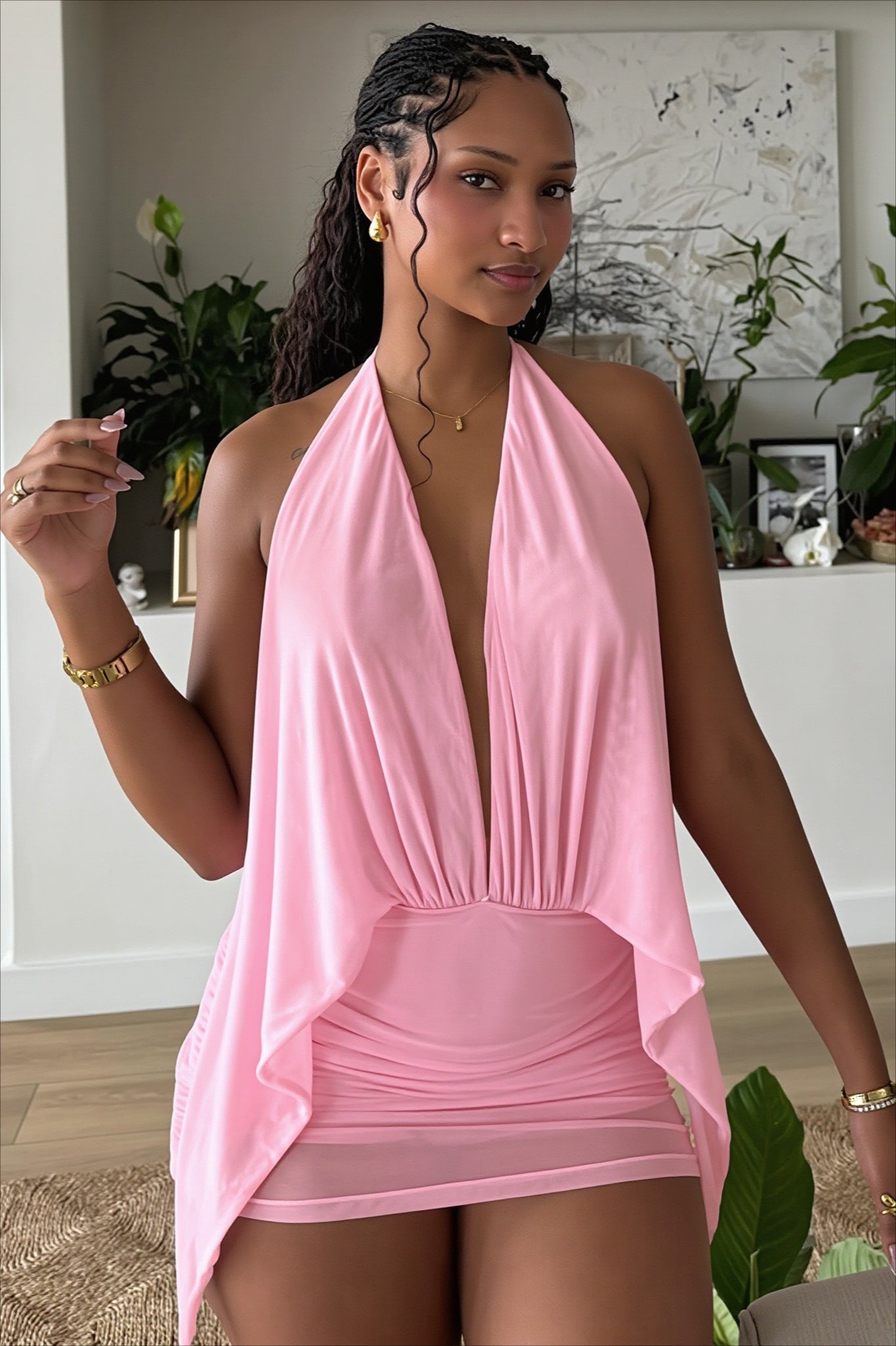 Solid Mesh Halter Backless Mini Dress