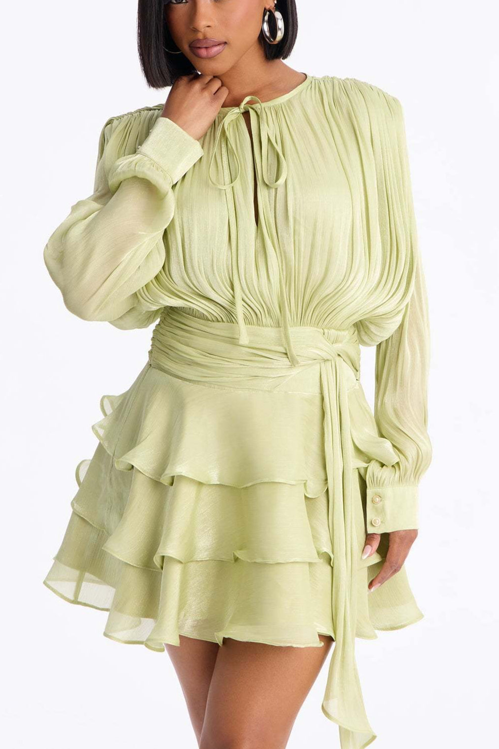 Sheen Flowy Tie Ruched Tiered Mini Dress