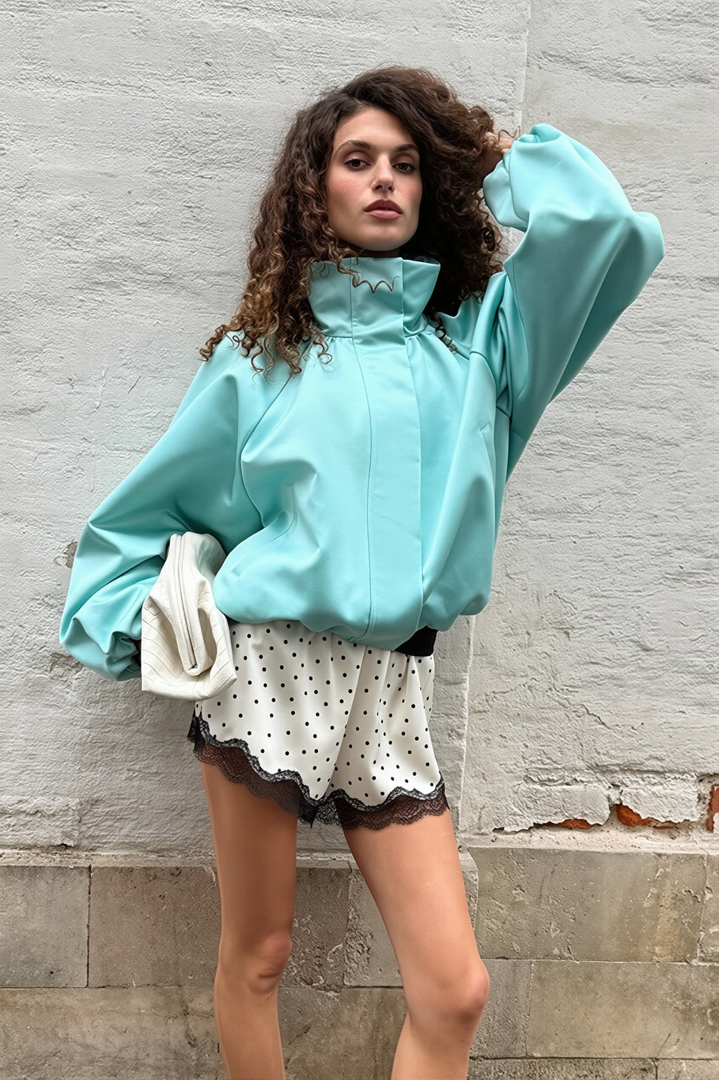 Satin Funnel Neck Balloon Sleeve Jacket