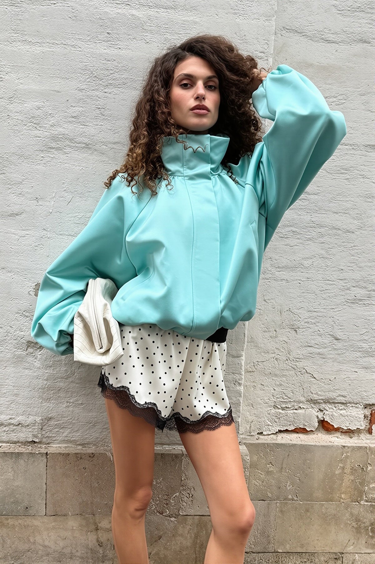 Satin Funnel Neck Balloon Sleeve Jacket
