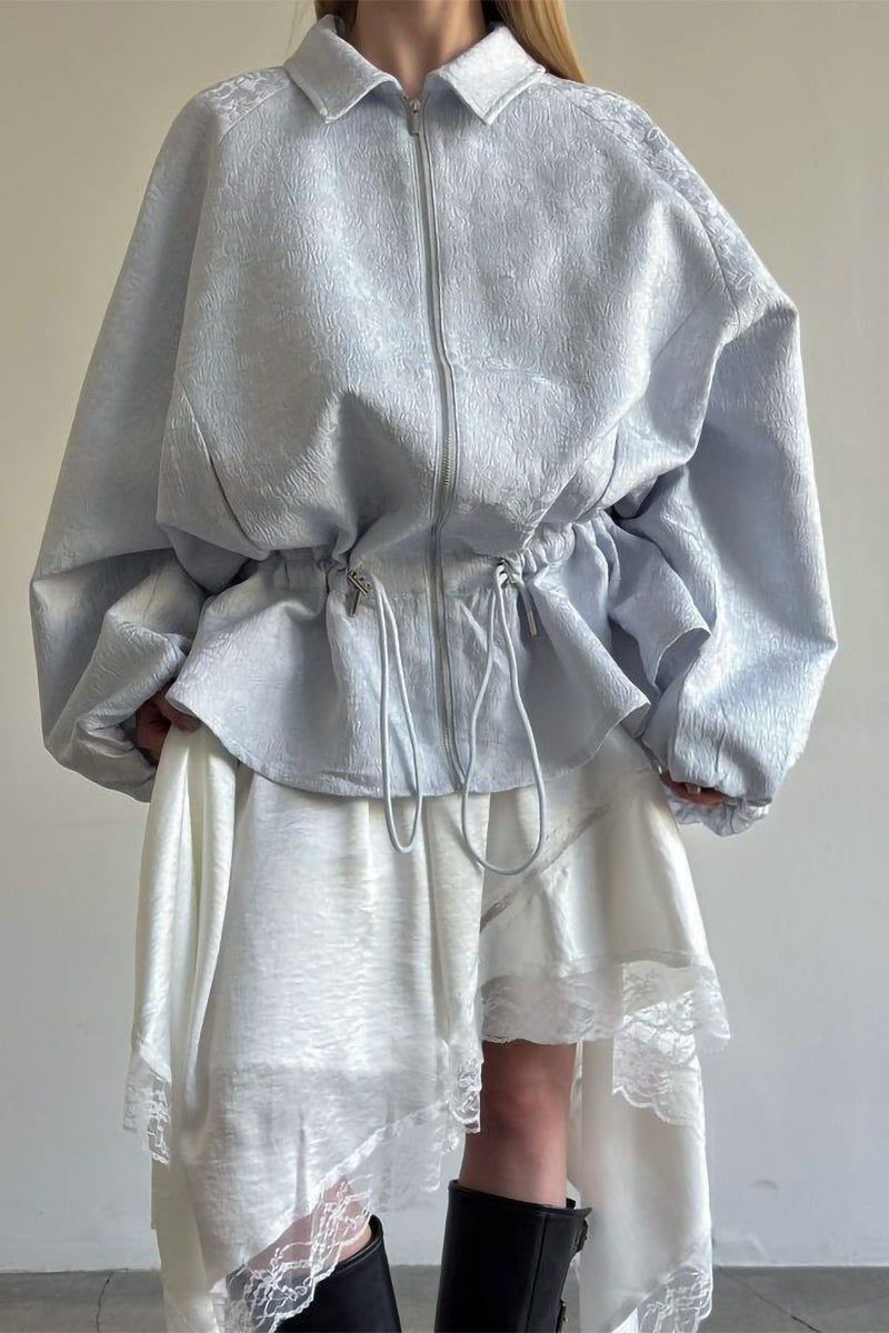 Jacquard Peplum Drawstring Zip Jacket