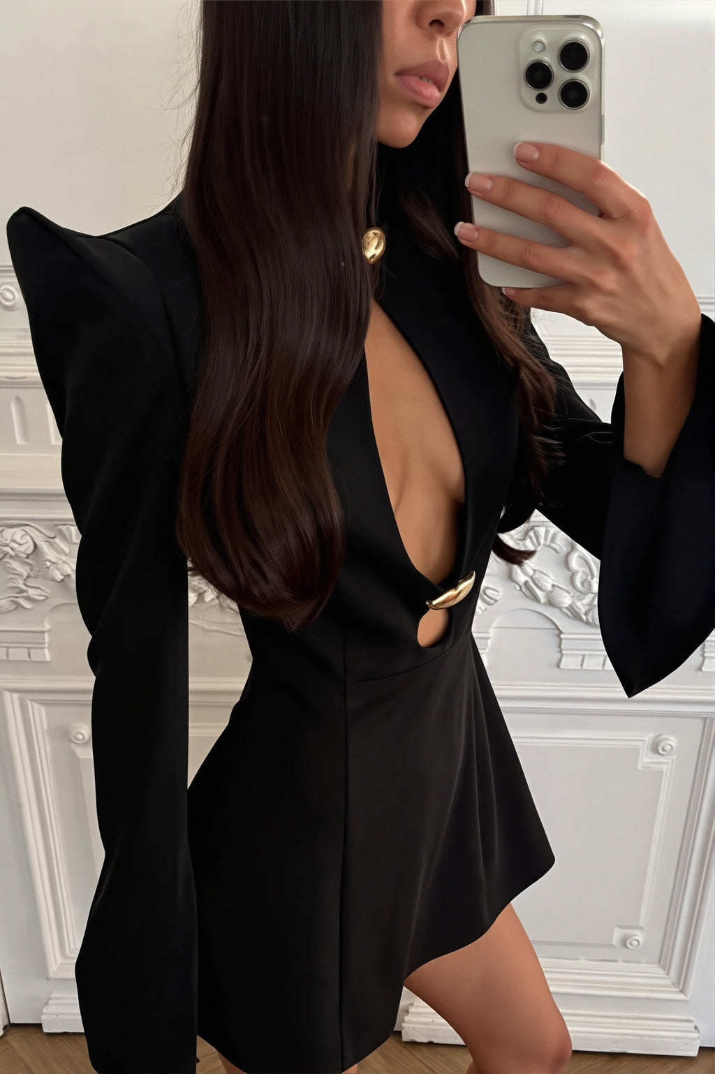 Waist-Defined Solid Cutout Dress