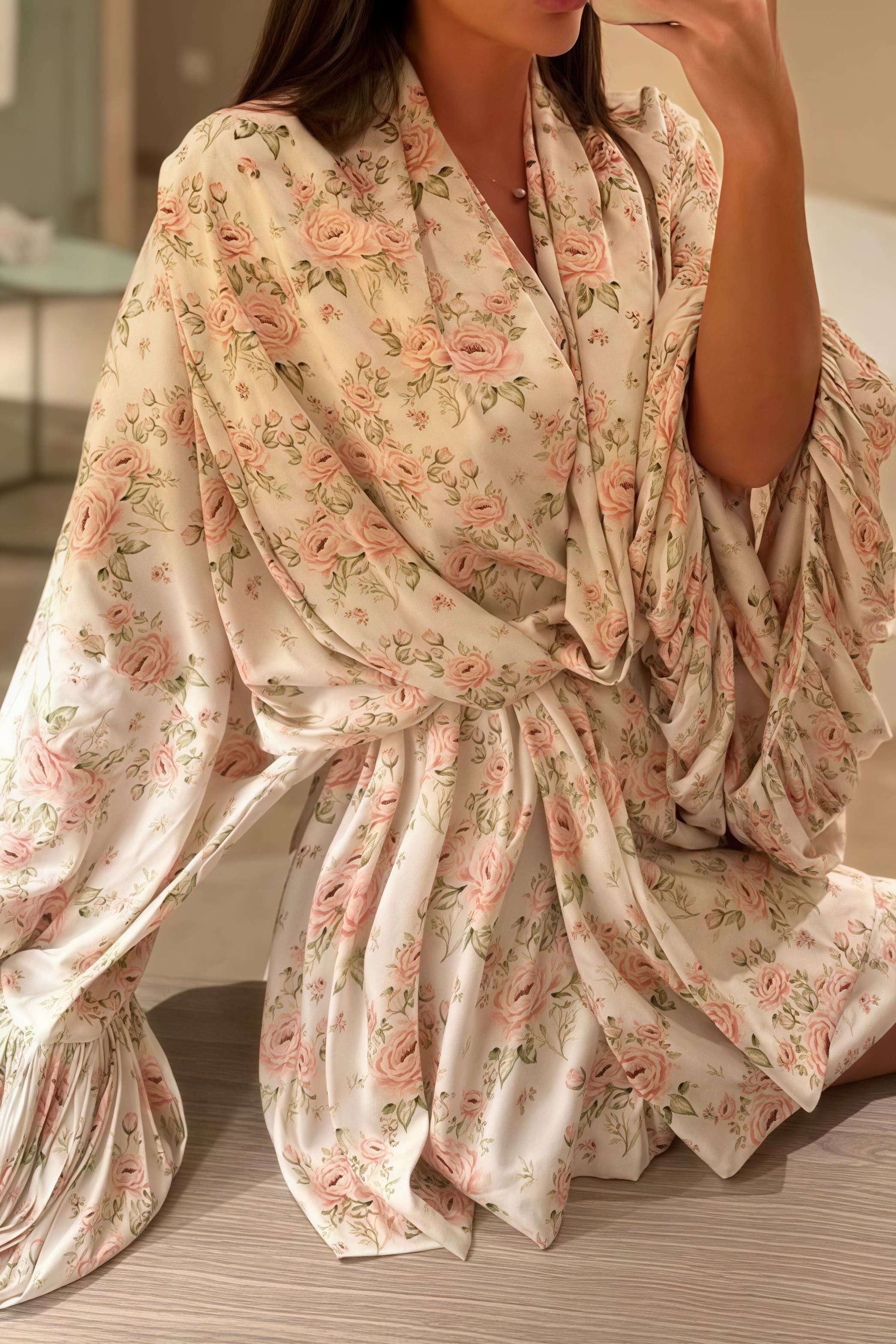 Satin Floral Print Puff Tie A Line Mini Dress