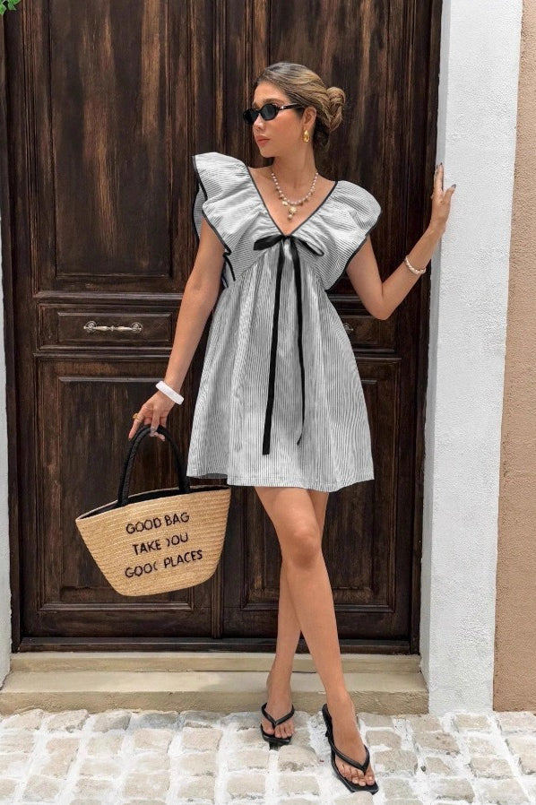 Striped V Neck Ruffle Flutter Sleeve Mini Dress