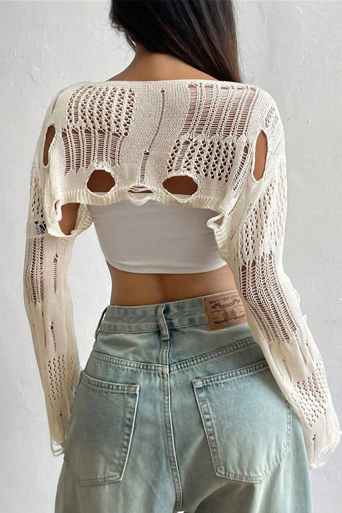 Distressed Open Knit Cropped Sweater