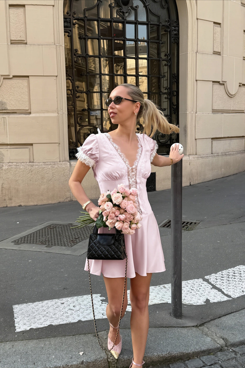 Pink Satin Lace Puff Sleeve Mini Dress