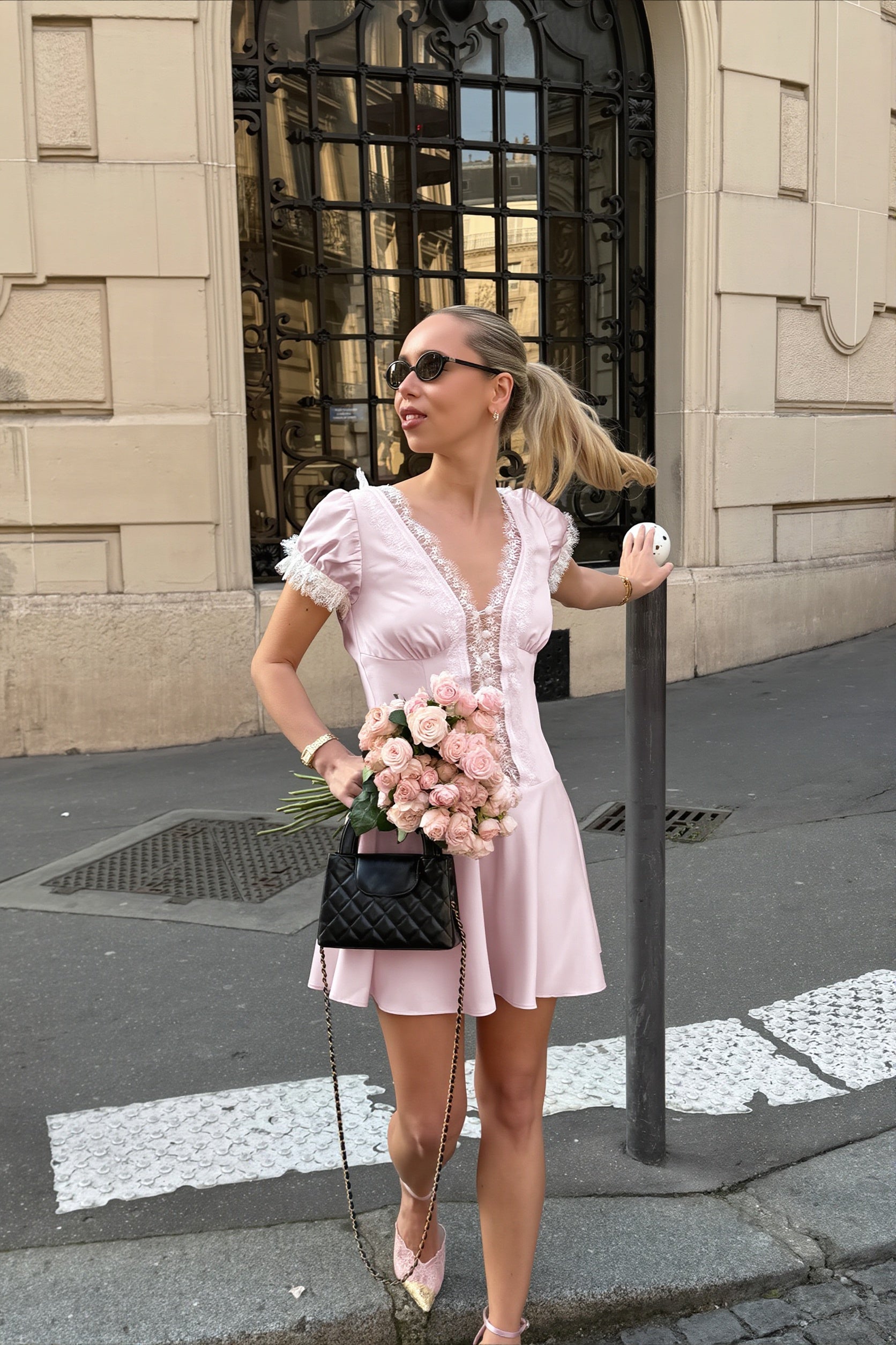 Pink Satin Lace Puff Sleeve Mini Dress