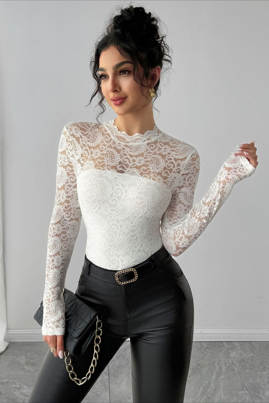 Lace Yoke Zip Back Fitted Top