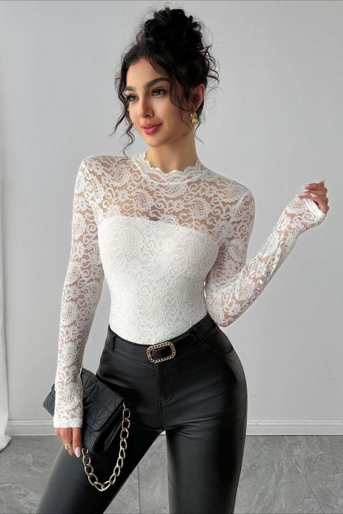 Lace Yoke Zip Back Fitted Top