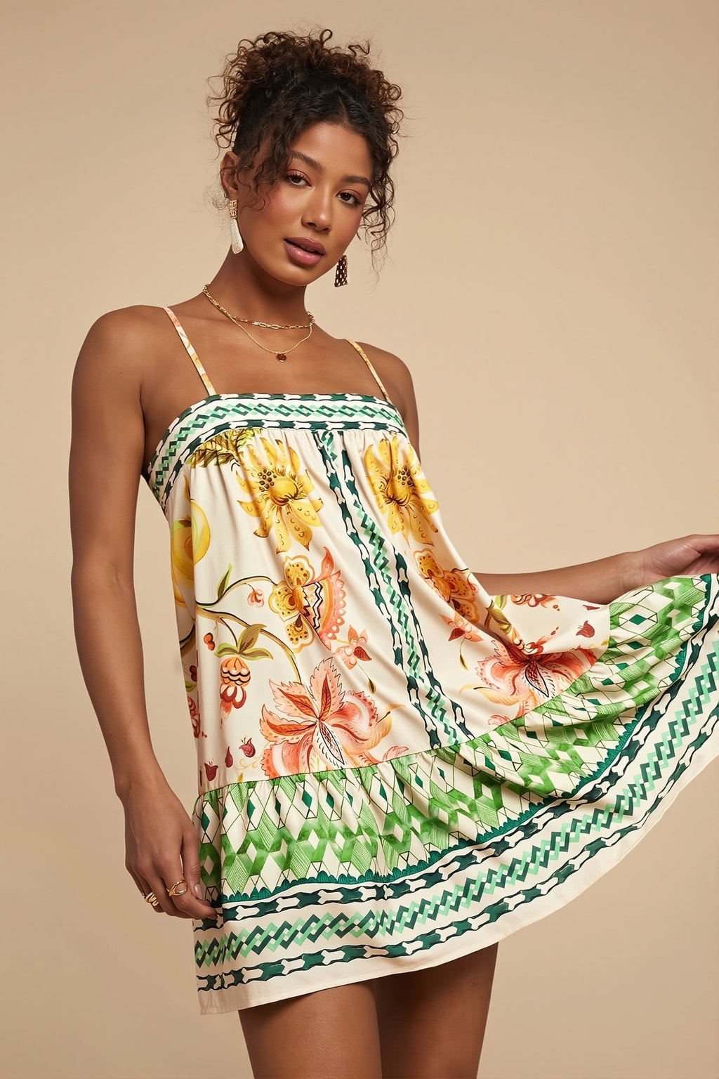 Palm Bird Print Loose Fit Cami Mini Dress