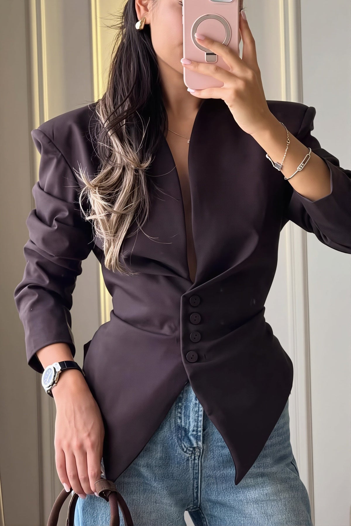 Deep V Tie Back Pointed Hem Blazer
