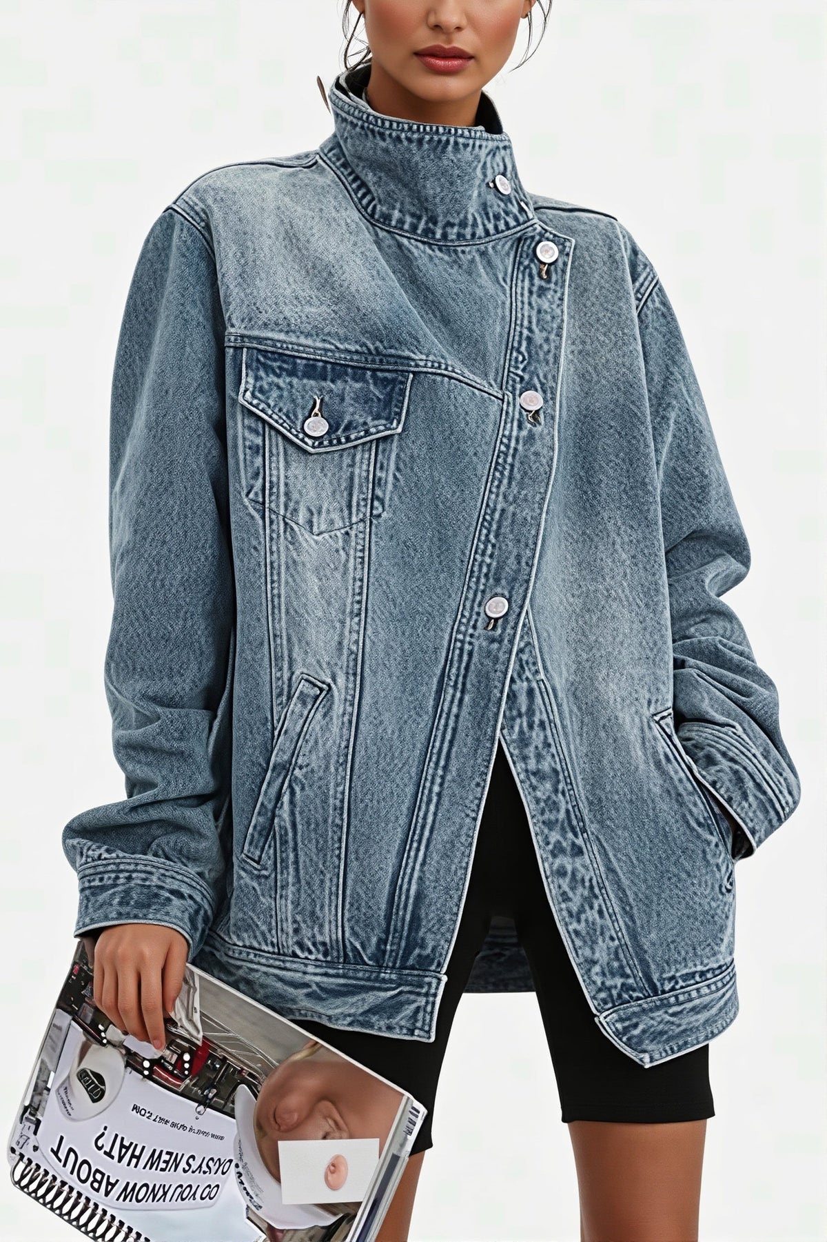 Asymmetric High Neck Denim Jacket