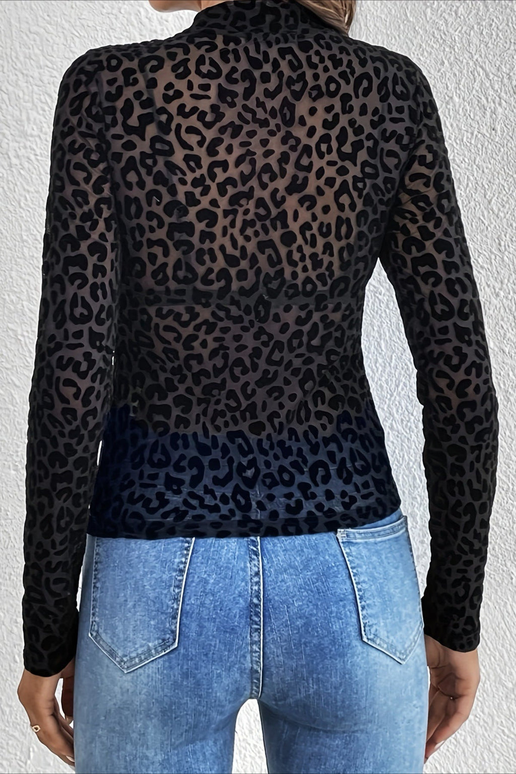 Leopard Print Mesh Mock Neck Top