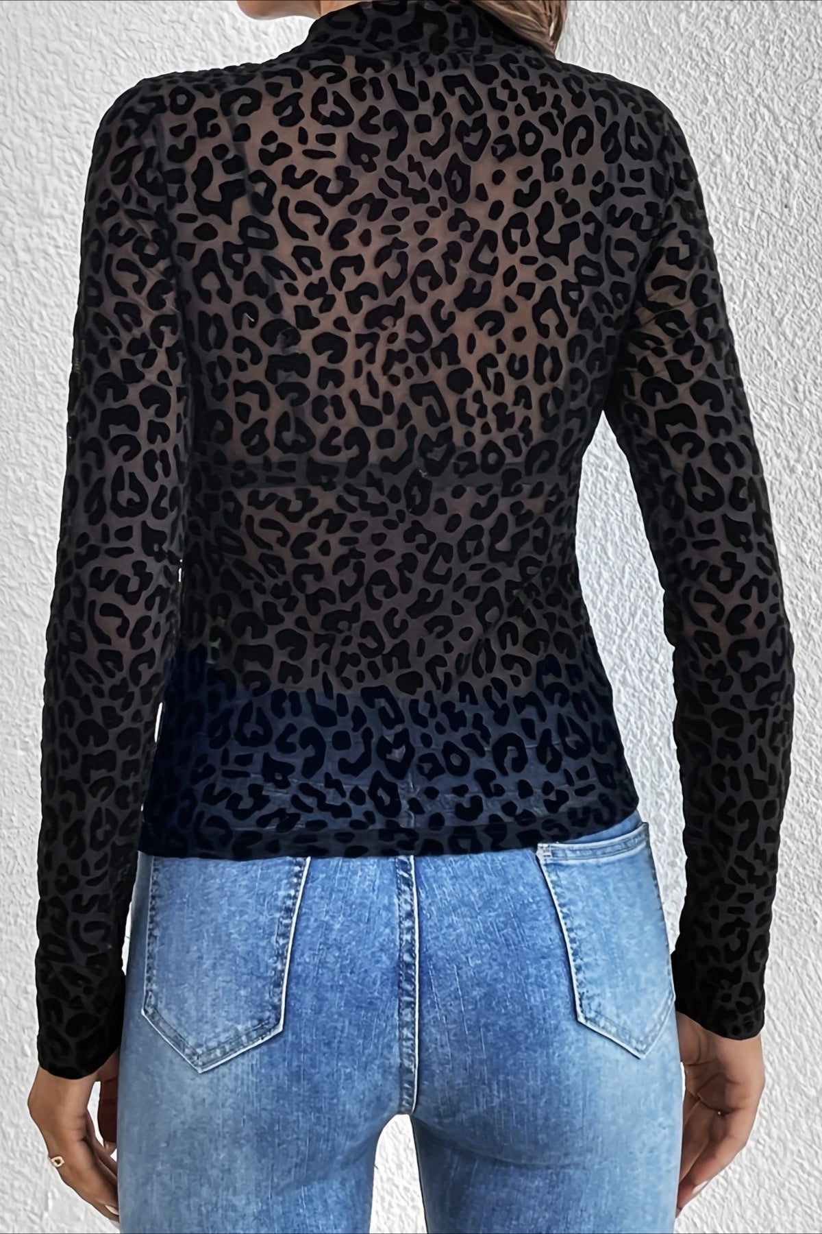 Leopard Print Mesh Mock Neck Top