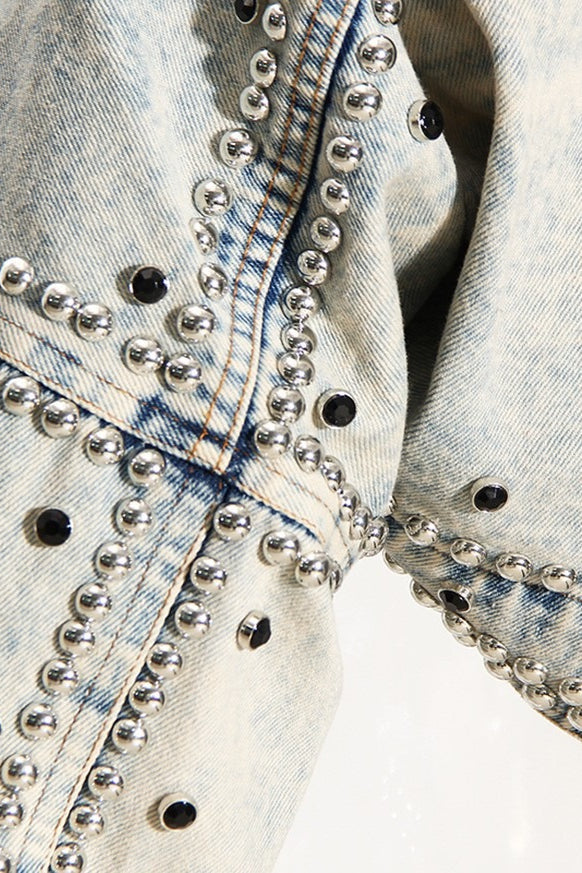 Rhinestone Studded Cropped Denim Jacket