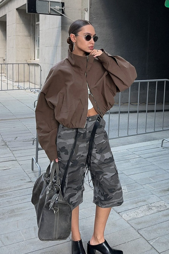 Stand Collar Cropped Zip Windbreaker